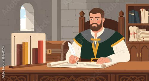 Medieval man writing on parchment in a castle