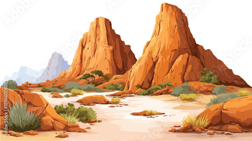 Majestic Rocky Desert Landscape Vector Illustration with Outlines