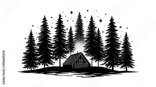 Silhouetted cabin nestled in a forest of tall trees under a starlit night sky