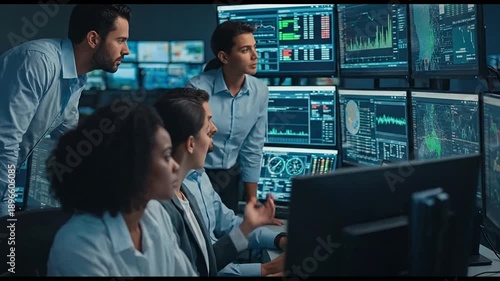 Diverse team analyzing data on multiple screens in control room