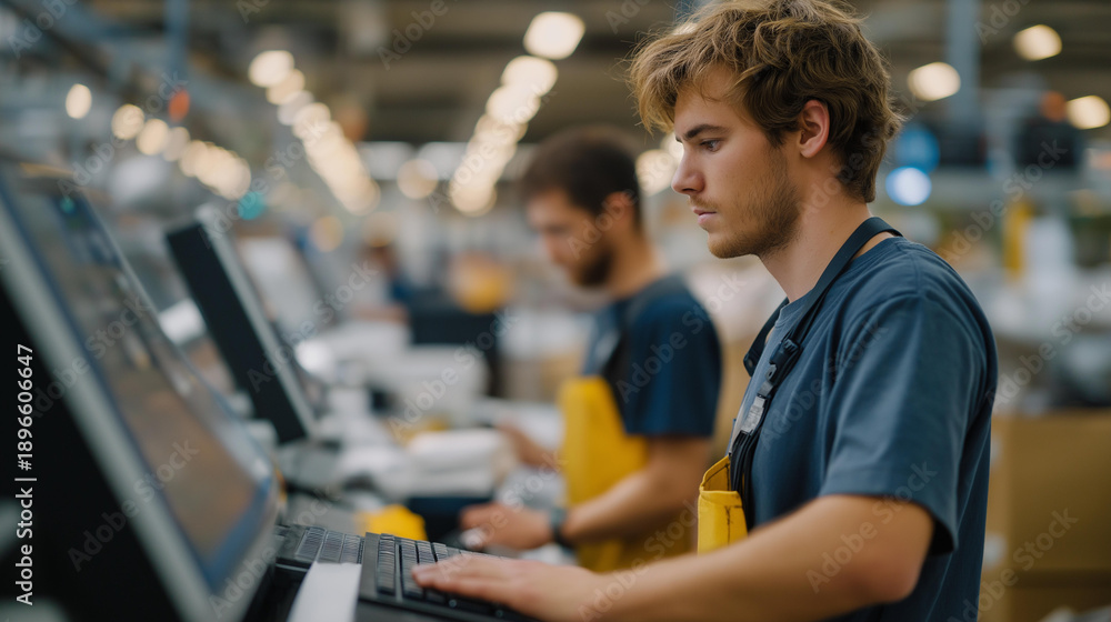 Fototapeta premium The bustling environment of a printer supplies factory reveals workers assembling printer components and quality checking various printer supplies, emphasizing the importance of precision in