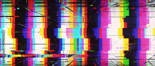 Abstract digital glitch art with vibrant color bars and distorted lines creating a retro aesthetic