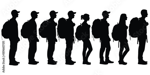Silhouettes of hikers with backpacks standing in a line on white background vector illustration
