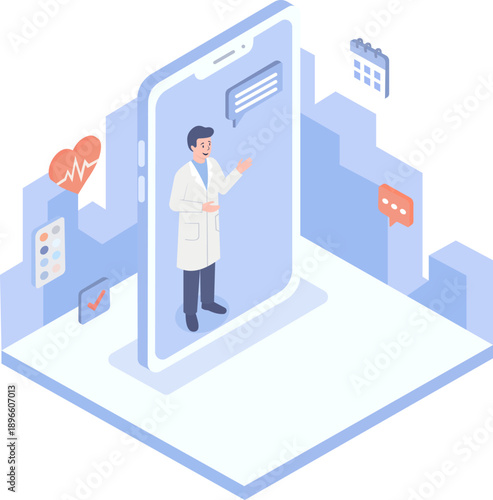 Online Medical Consultation via Smartphone, Doctor Character on Mobile Screen Isometric Illustration
