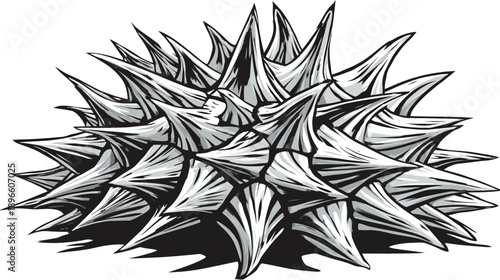 A grayscale spiky abstract image, resembling a stylized sea urchin, with shadows and sharp lines