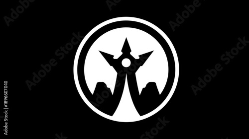 A black and white emblem featuring a central star-like shape, surrounded by a circular frame