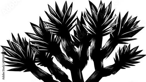 A stylized illustration features a black silhouette of a spiky tree against a white backdrop