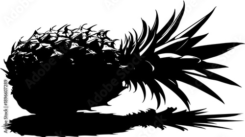 Silhouetted, stylized depiction of tropical fruit with crown and spiky leaves