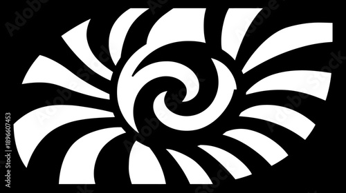 A black and white spiral design, featuring curved, radial segments