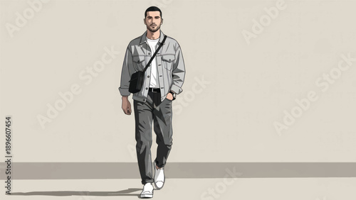 Casual male in streetwear walking along an urban sidewalk with modern layered outfit.
