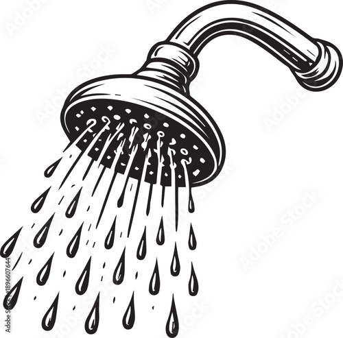 Detailed illustration of a shower head, rendered in striking detail, portrays water cascading downwards. A vintage aesthetic and the dynamic flow of water, evoking freshness and cleanliness.