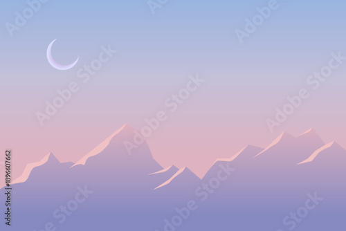 Minimalist mountain landscape background with pastel gradient sky and crescent moon. Calm and dreamy nature vector illustration.