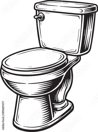 An elegantly detailed illustration of a toilet bowl, rendered in stark black and white, suitable for a range of design projects. 