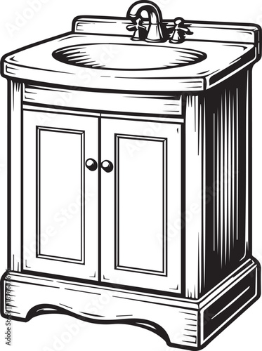 An elegant bathroom vanity is shown with a detailed design of traditional style.