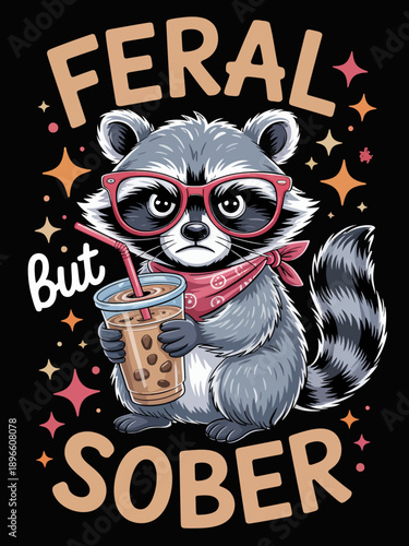 A cute raccoon wearing sunglasses and a pink bandana holds a cup of bubble tea.