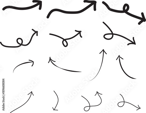 Collection of hand drawn black arrows and curved lines on a white background