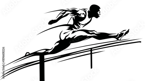 Silhouetted athlete leaping over a hurdle with dynamic lines on white background