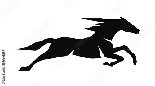 A dynamic, black silhouette of a galloping equine animal against a stark white backdrop