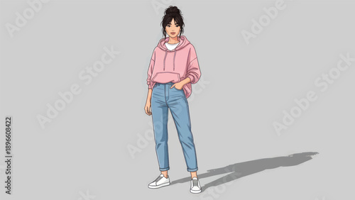 Casual young woman in pink hoodie and jeans posing in a neutral studio setting.