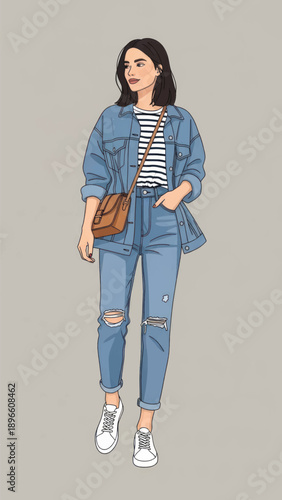 Stylish young woman in casual denim outfit posing against a neutral background.