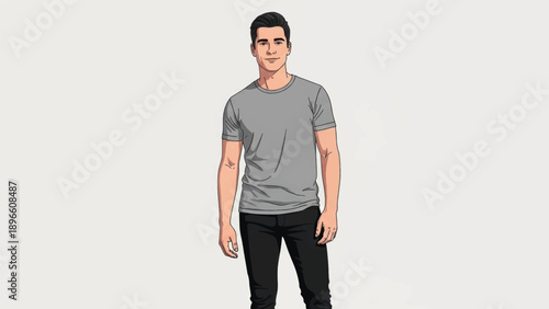 Young man standing casually in a gray T shirt and jeans.