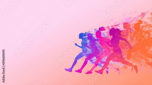 Dynamic movement of female athletes in a colorful background with motion effect during a running activity
