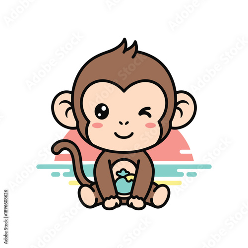 Adorable Cartoon Monkey Holding a Globe, Sitting Cute Illustration with Sunset Background