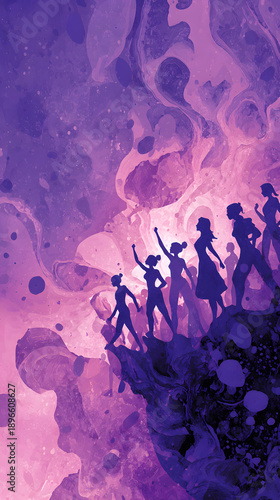 un fondo de pintura abstracto en tonos morados con espacio de copia con un grupo de mujeres feministas luchando por sus derechos y por igualdad en la sociedad dia de la mujer 8 de marzo protesta 