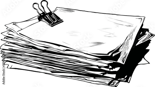 A black and white illustration of a stack of papers held together with a metal clip
