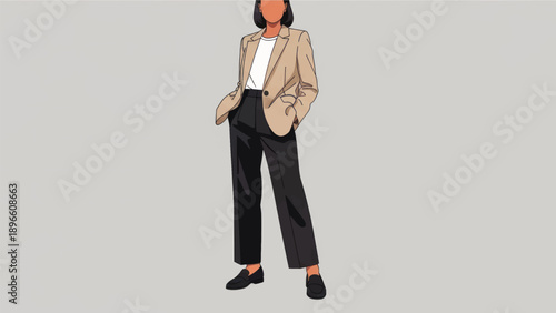 Illustrated woman standing in smart casual blazer and trousers, fashion portrait in a neutral gray background.