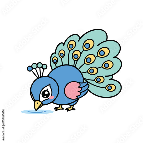 Cartoon peacock bird spreading colorful feathers on water reflection happy design