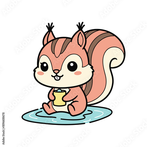 Cute cartoon squirrel eating acorn on ice slice isolated illustration fun winter animal