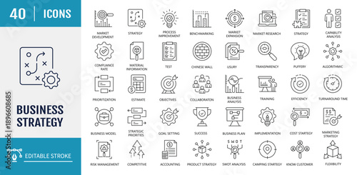 Business strategy line icon set. Includes action list, research, solution, team, marketing, startup, advertising, business process, management, and more. Vector Illustration with editable strokes