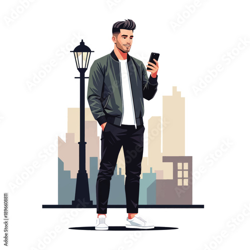 Casual urban man checking his phone against a modern city skyline backdrop while standing on a street.