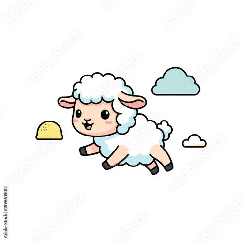 Adorable Cartoon Sheep Running in Pasture with Clouds and Sun