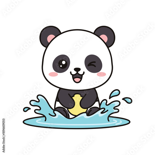 Cute cartoon panda splashing happily in blue water with playful bubbles and joyful expression