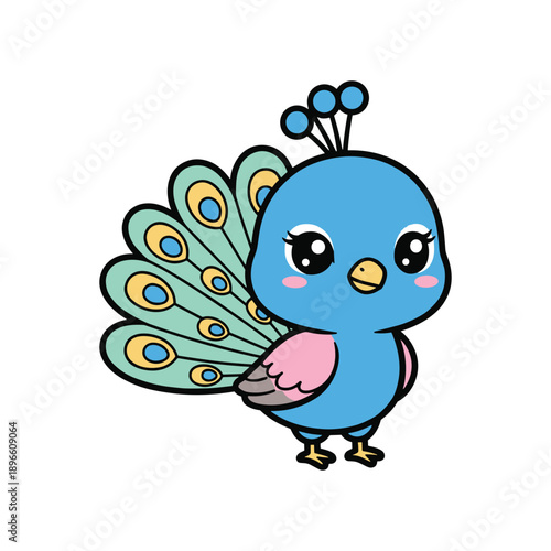 Cute blue cartoon peacock bird character standing with colorful feathers and happy face isolated on white background