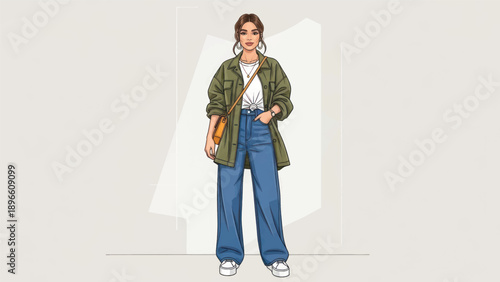 Stylish young woman walking outdoors with casual jacket and bag.