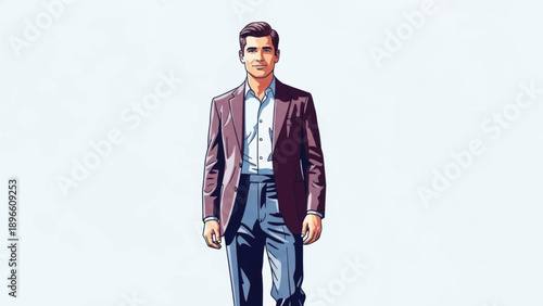 Illustrated man in business attire walking confidently.