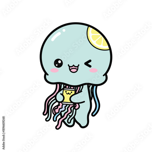 Cute cartoon jellyfish character smiling underwater with happy expression and pastel colors