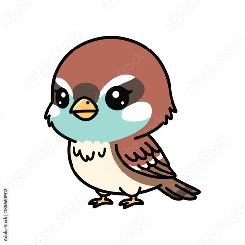 Adorable Cartoon Sparrow with Brown and Blue Feathers on White Background