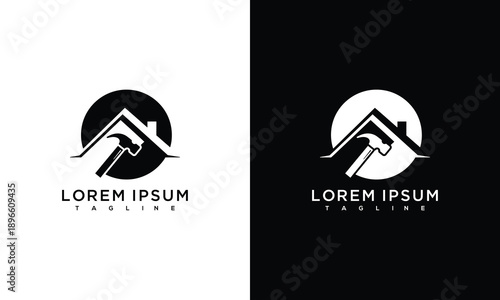 Billede på lærred House Construction Logo Hammer Roof Home Building Icon.