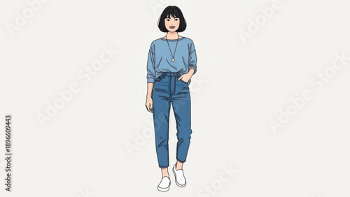 Casual stylish woman standing in a relaxed pose wearing blue jeans and a light blue top.