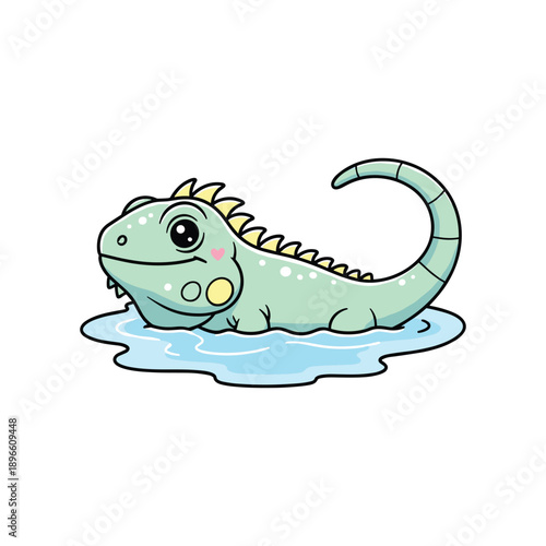 Cute cartoon green dinosaur swimming in water with happy expression isolated on white background