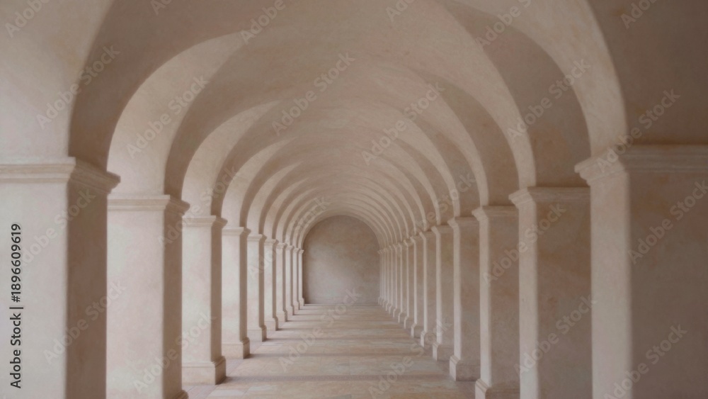 Obraz premium Long arched corridor minimalist architectural style composed series columns form tunnel-like formation top bottom positioned
