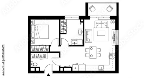 Modern One Bedroom Apartment Floor Plan with Shaded Areas, Top View Architectural Blueprint, Compact Living Space Design