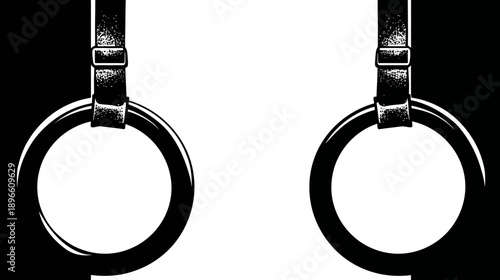 Artistic black and white illustration of two suspended rings. Shows straps and loops