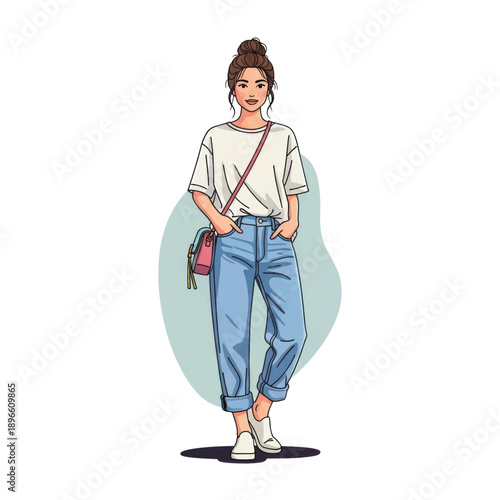 Stylish young woman posing in casual denim jeans and white tee with crossbody bag.