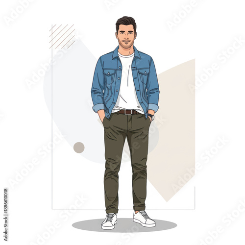 Casual male figure in denim jacket and jeans with sneakers in a relaxed standing pose.