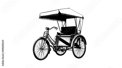 A black and white illustration of a cycle rickshaw against a white backdrop